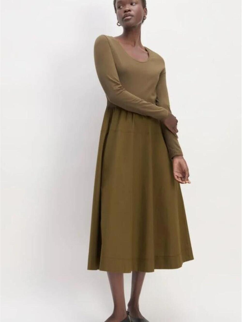 Everlane Olive Green Long Sleeve A-Line Midi Dress XS Cotton Blend Pockets